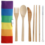 Natural Bamboo Cutlery Set with Rainbow Canvas Holder - Proud Supplies